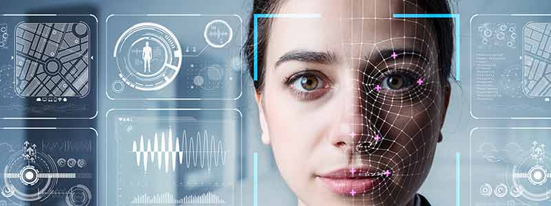 collage of technology symbols and the face of a woman
