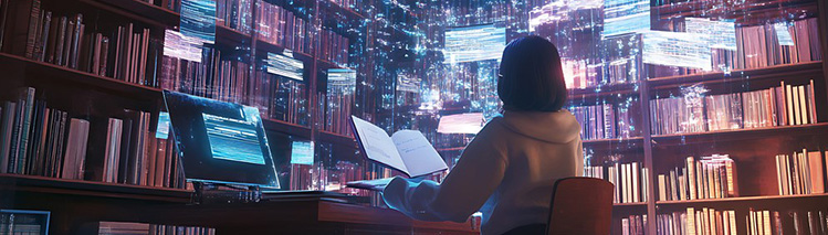 A student sitting inside a library with a floating book on her hard and digital screen floating around her