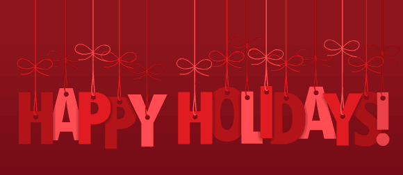 Animation of red cut out letters tied with red string and bows, dropping in to places center screen. Message: Happy Holidays!